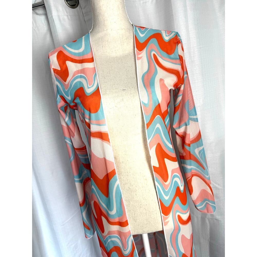 Retro Abstract Print Duster Cardigan Open Front Long Sleeve L - Picture 2 of 5